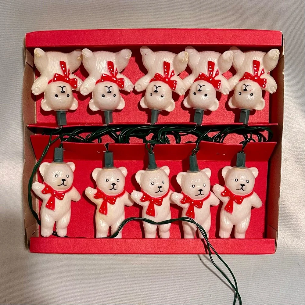 Vintage 80s Teddy Bear Novelty Christmas Tree Lights Made in Taiwan